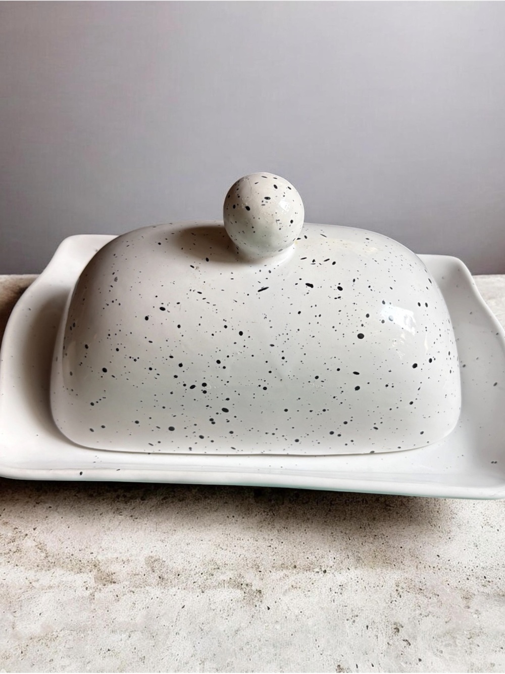 Speckled White Ceramic Butter Keeper with Lid